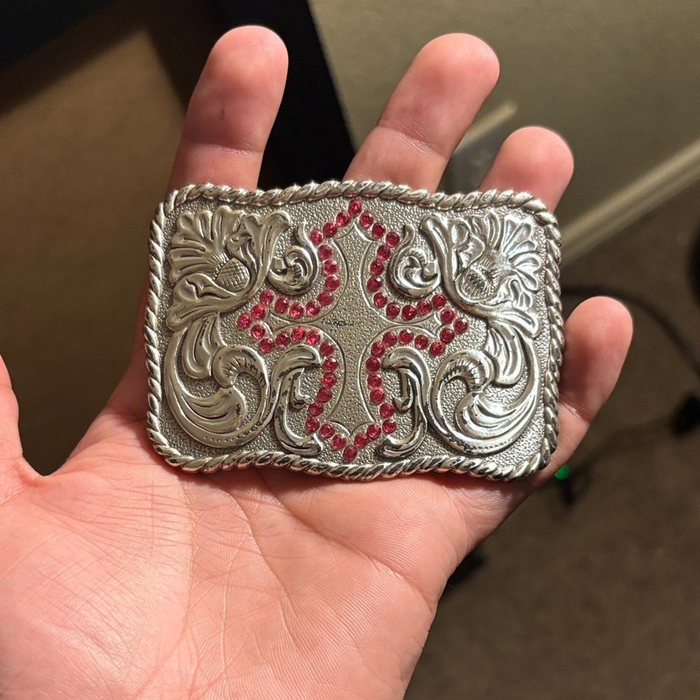 Silver and Red Ornate Belt Buckle
